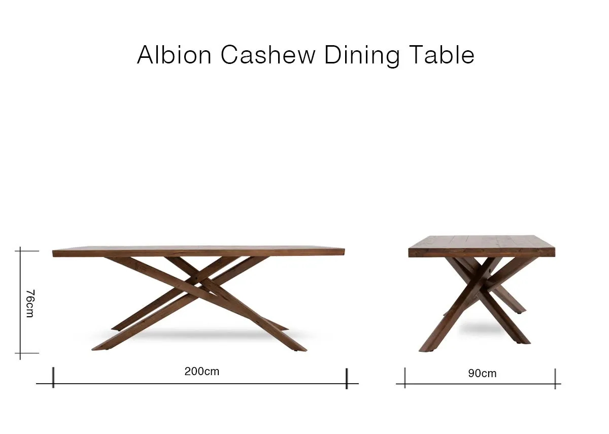A dimension image of the Albion dining table with 200cm x 90cm x 76cm