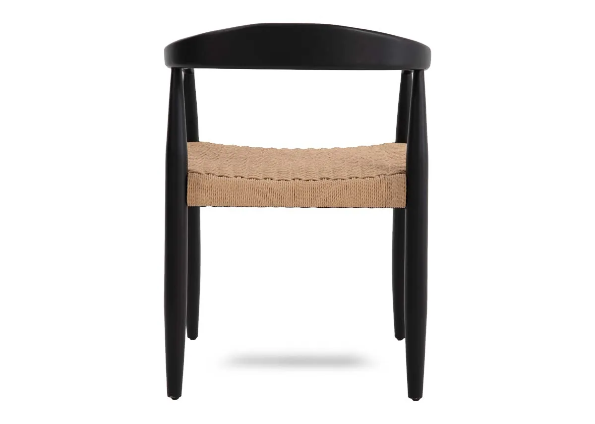 A black framed curved back dining chair with woven seat from EZ Livings Albion range. Back view of chair