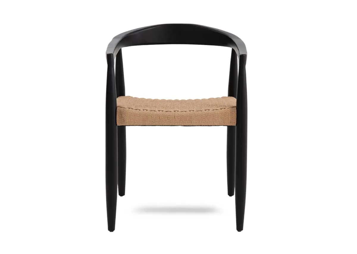 A black framed curved back dining chair with woven seat from EZ Livings Albion range. Front view