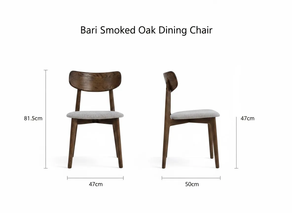 A dimension image of the Bari smoked oak dining chair with 47cm x 50cm x 81.5cm