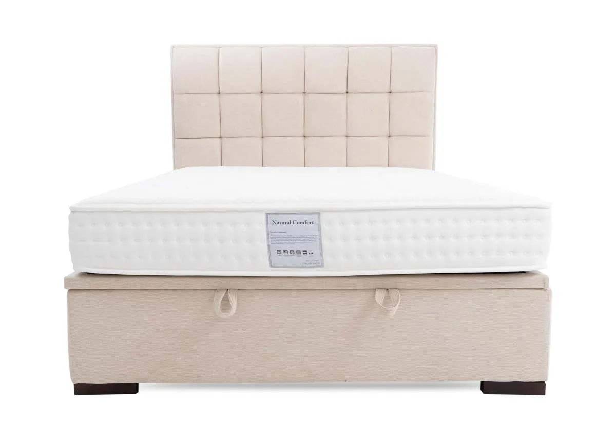 A beige ottoman bed from EZ Livings Sadie Range. Side view of covered base