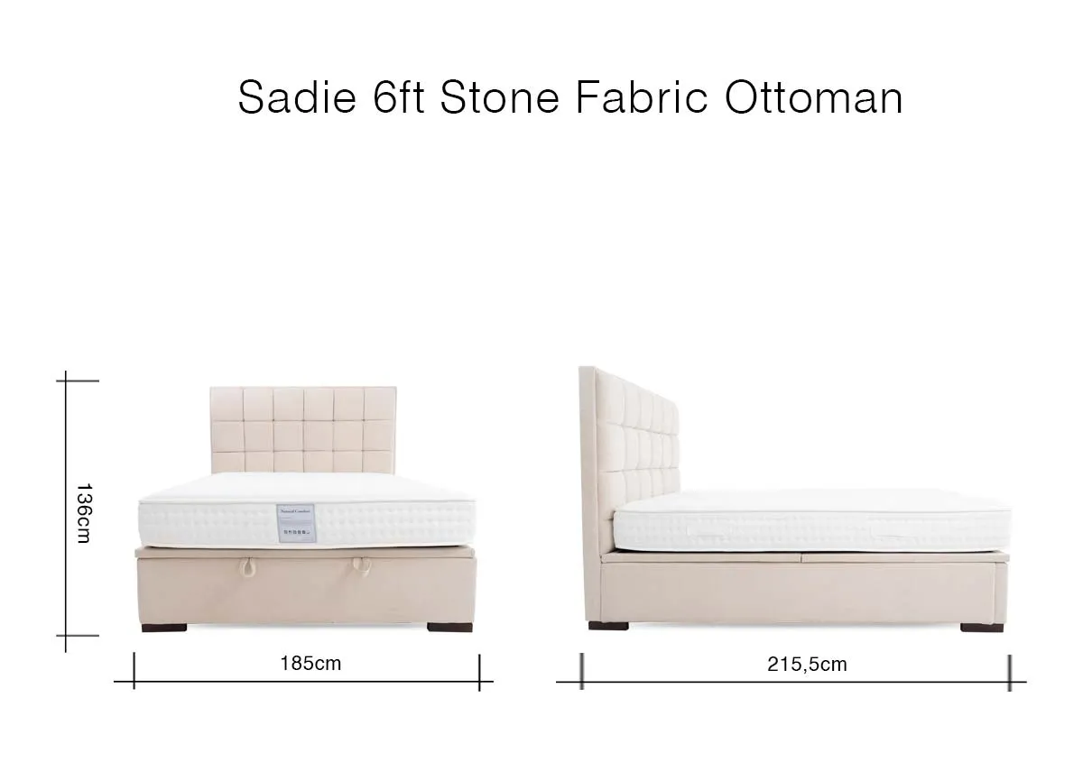 A beige ottoman bed from EZ Livings Sadie Range. View from foot of the square pattern headboard