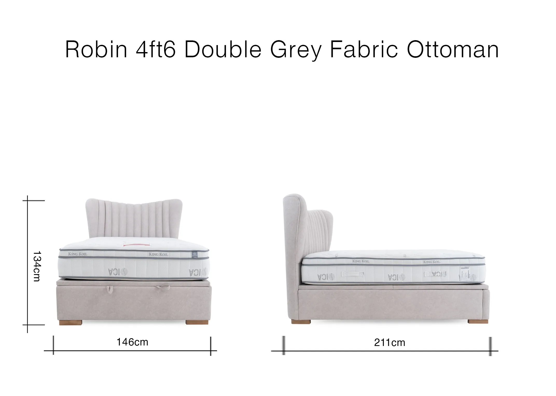 Diagram displaying the dimensions of the 4ft6 double bed. It shows a height of 134cm a width of 146cm and a length of 211cm.