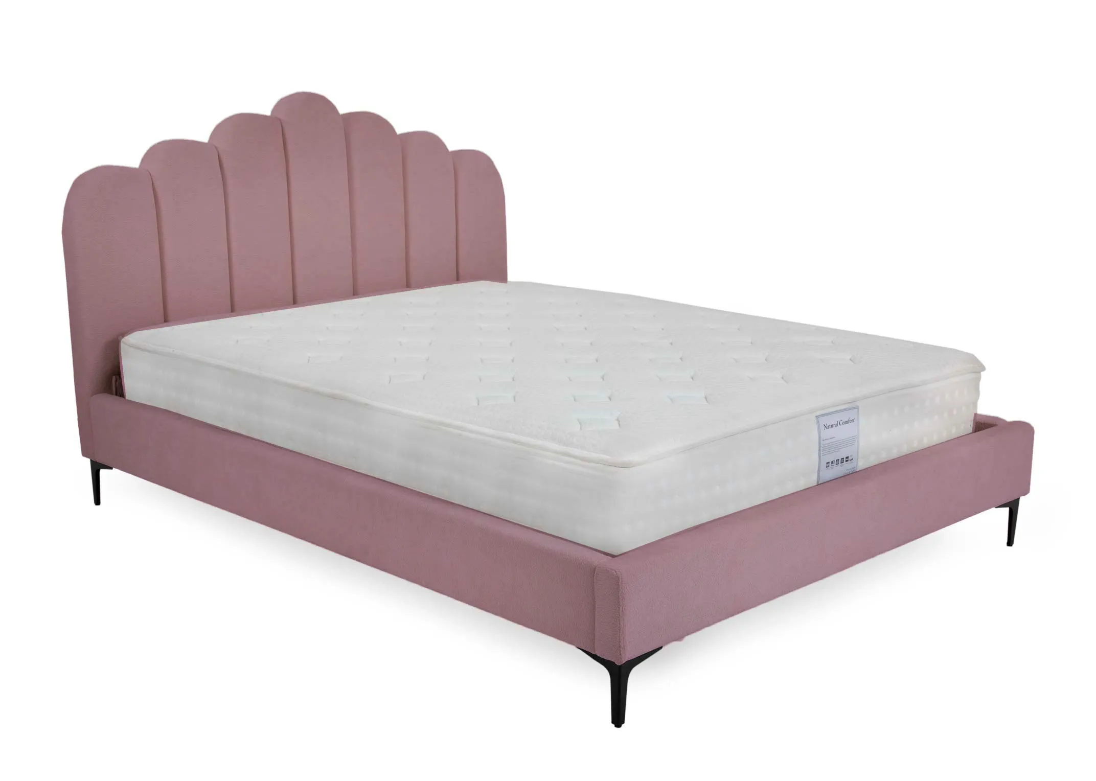A pink bedframe with scalloped headboard from EZ Livings Fay range. Angled view.
