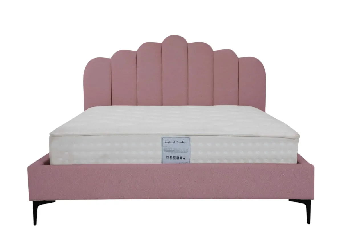 A pink bedframe with scalloped headboard from EZ Livings Fay range.Front view