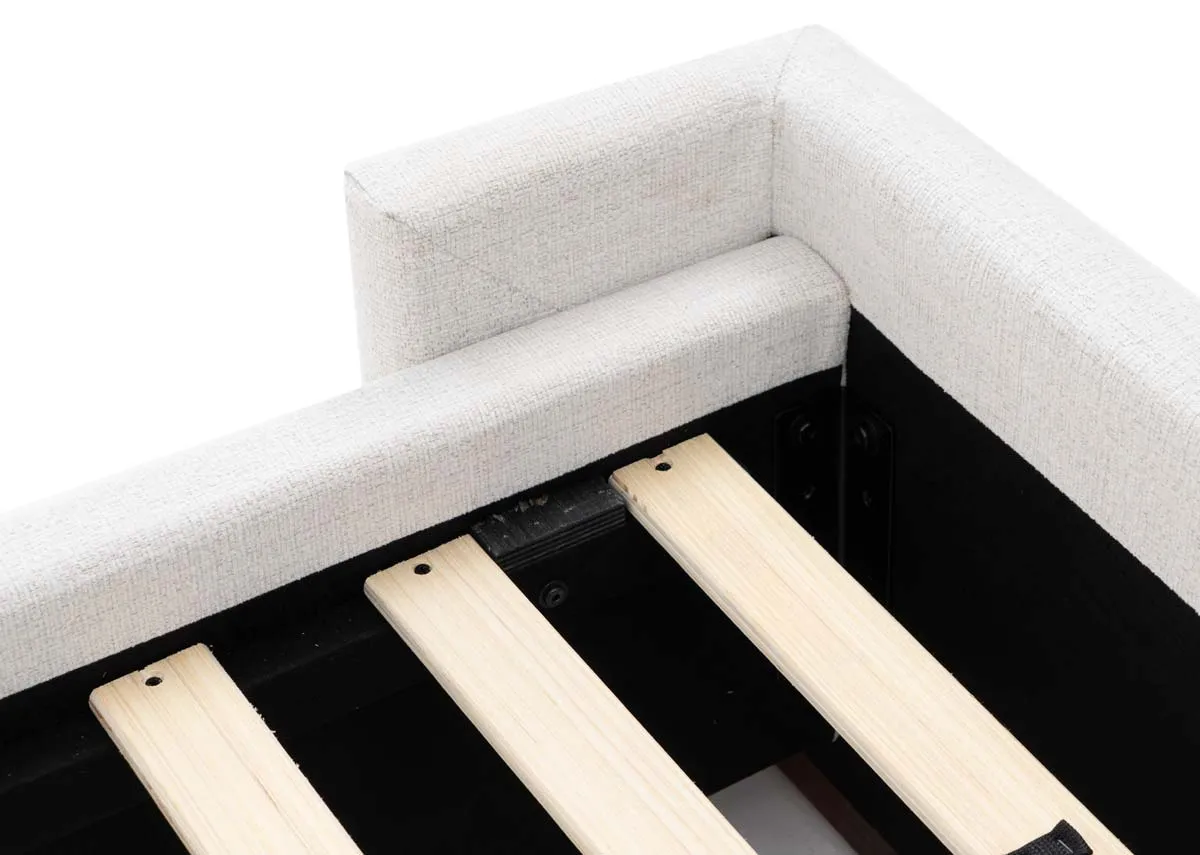 A beige fabric bed frame with high winged headboard from EZ Livings Quay west range. Closeup of slat wood base