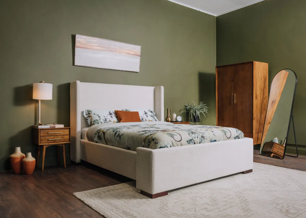 A lifestyle image of the Quaywest Bed with natural comfort mattress with Leya wardrobe and locker and Evening peace framed print.