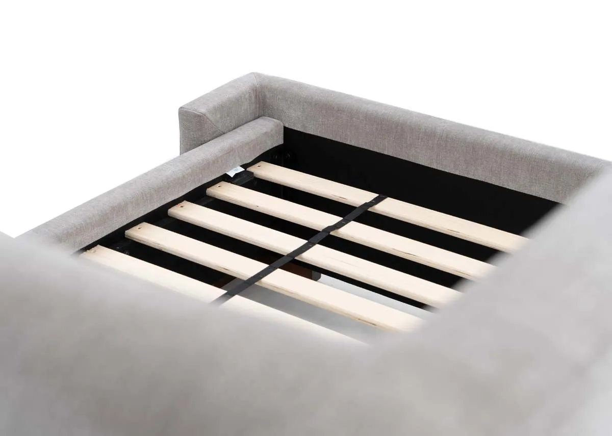 A grey fabric bed frame with high winged headboard from EZ Livings Quay west range. Closeup of slat base