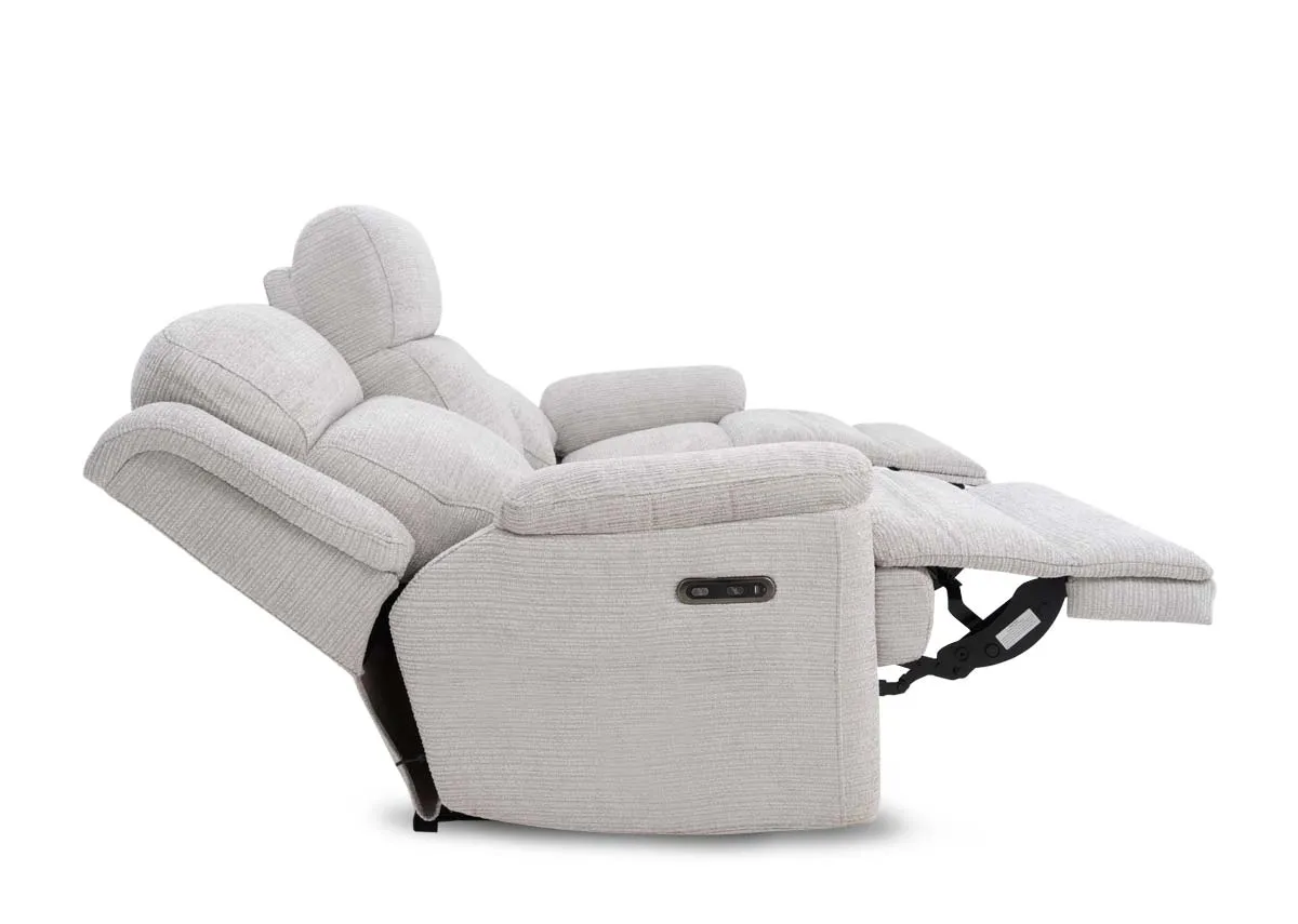 A silver fabric 3 seater from EZ Livings Embrace range. Side view of reclined sofa