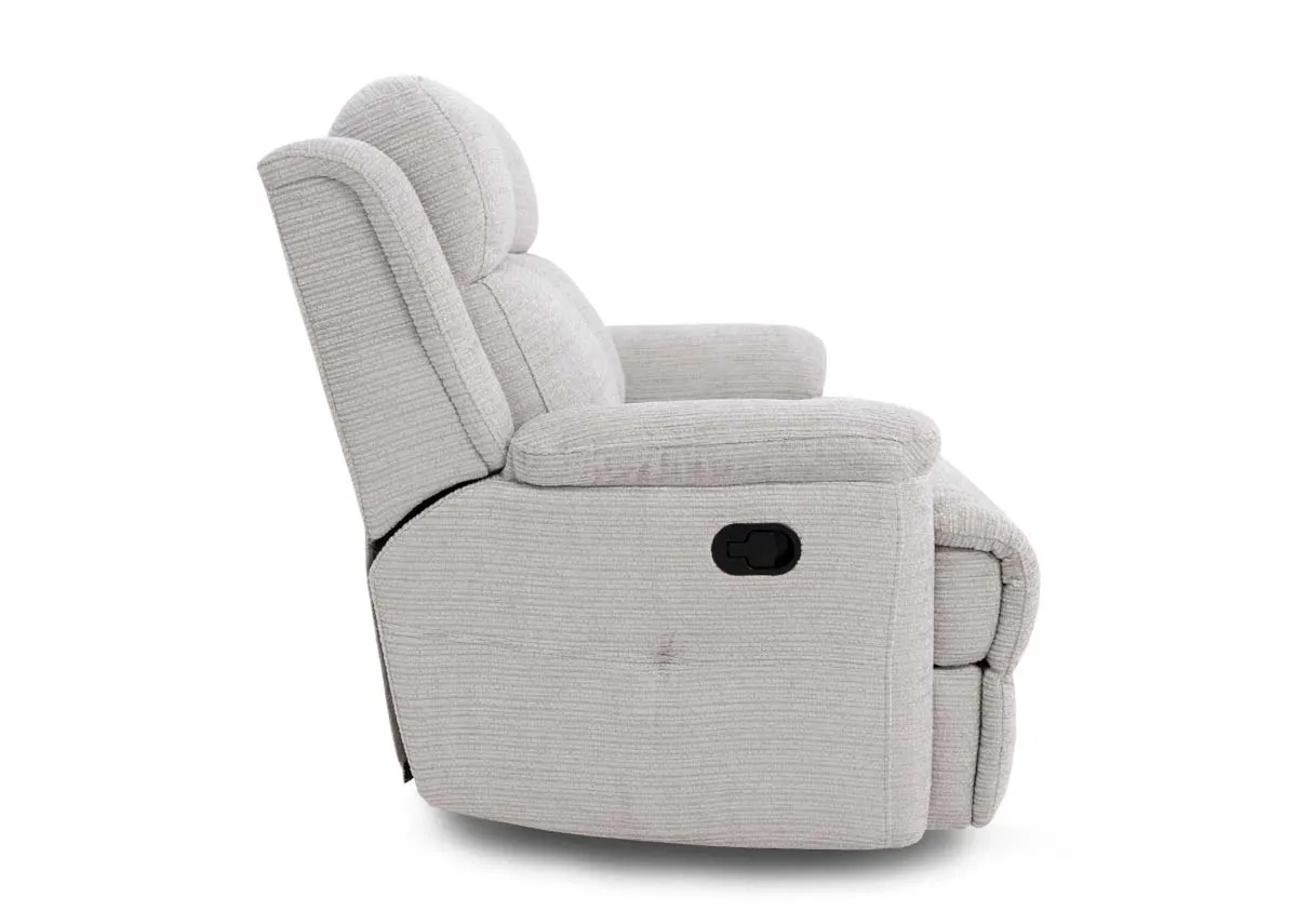 A silver fabric 2 seater from EZ Livings Embrace range.Side view of remote on side of arm