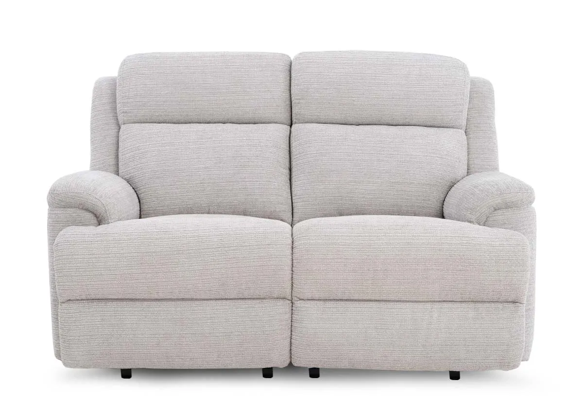A silver fabric 2 seater from EZ Livings Embrace range. Front view of foam and fibre filled seat and back cushions