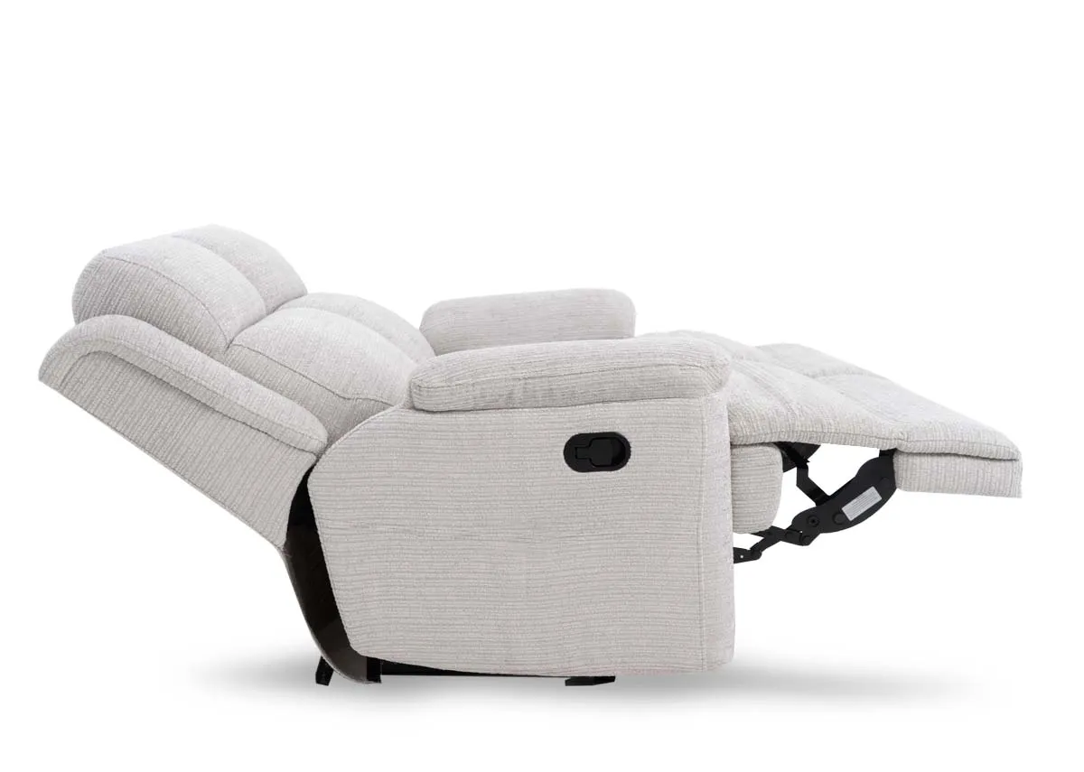 A silver fabric 2 seater from EZ Livings Embrace range.Side view of sofa in full recline.