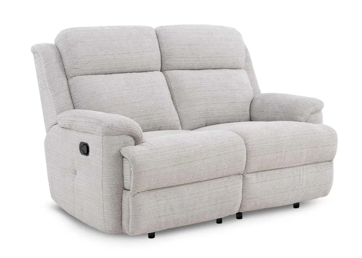 A silver fabric 2 seater from EZ Livings Embrace range. Angled view of sofa in fixed mode.