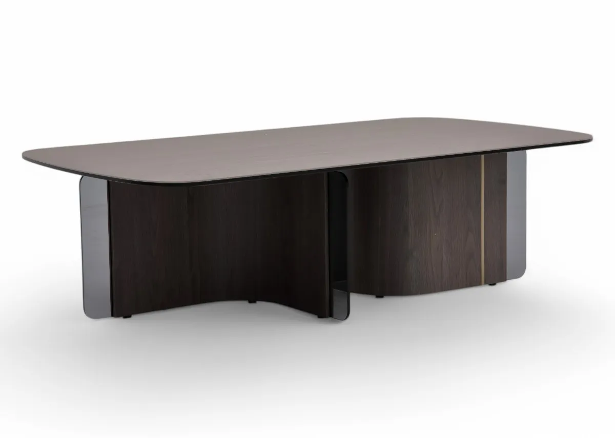 A ceramic top coffee table with wood base from EZ Livings Blanco range. Angled view