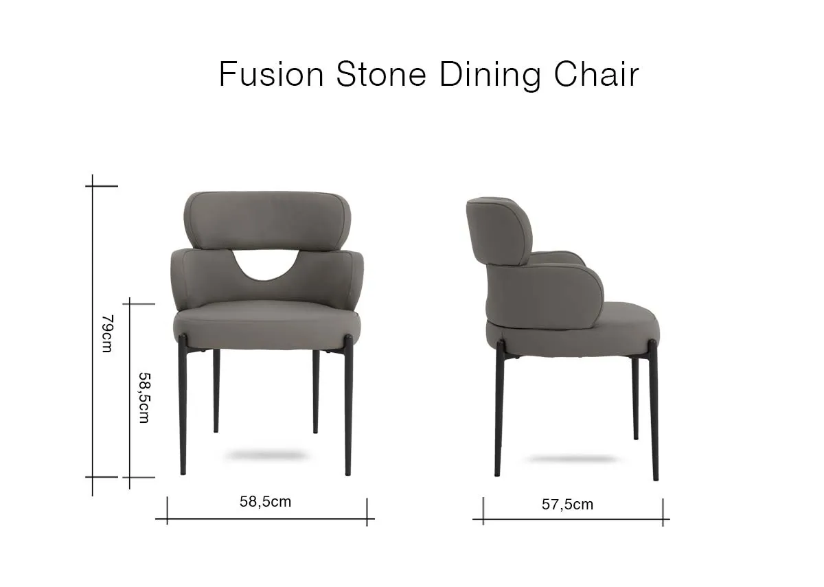 A dimension image of the Fusion dining chair with 58.5cm x 57.5cm x 79cm