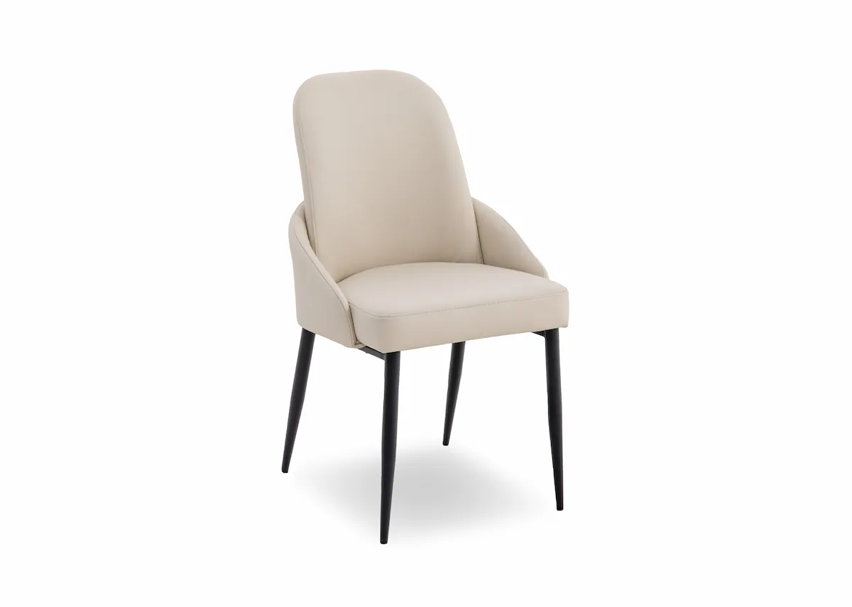 A white faux leather dining chair from EZ Livings Tempo Range. Angled view of high white back & metal legs.