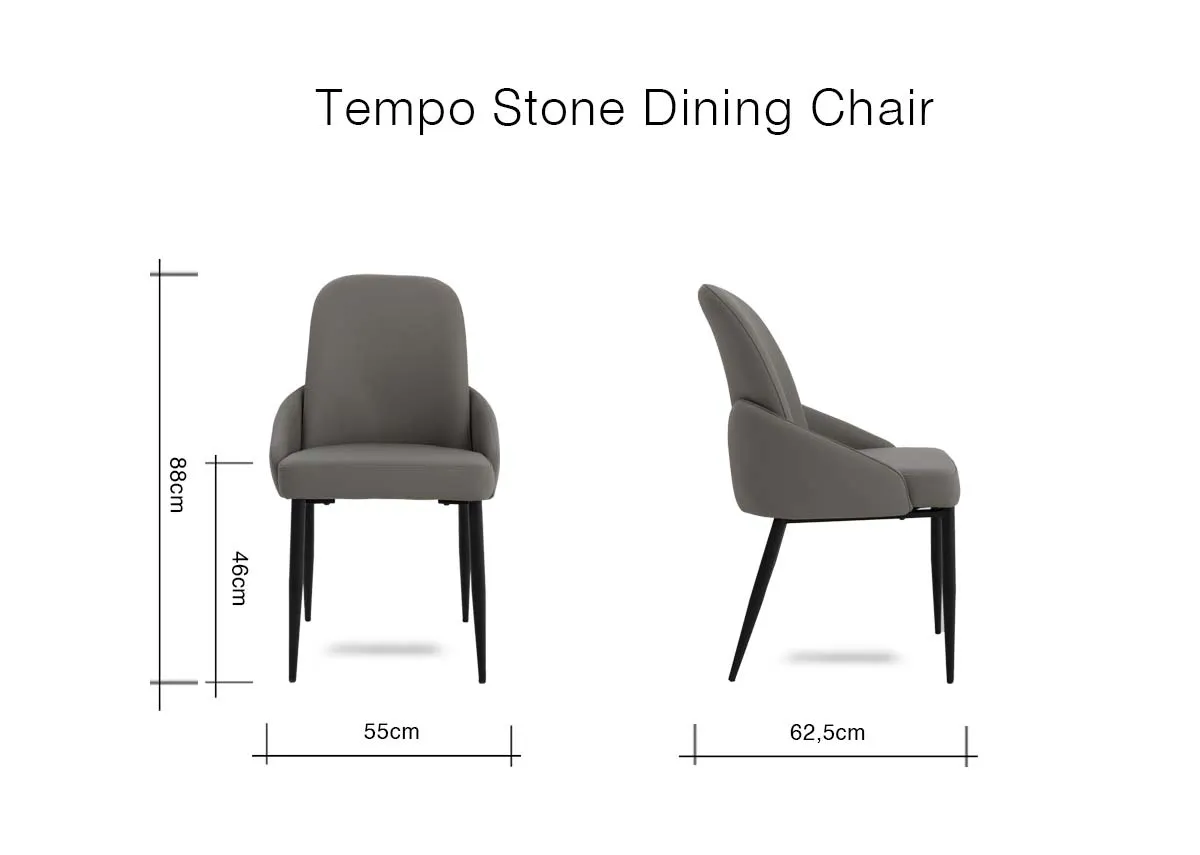 A dimension image of the Tempo Grey Dining chair with 55cm x 62.5cm x 88cm