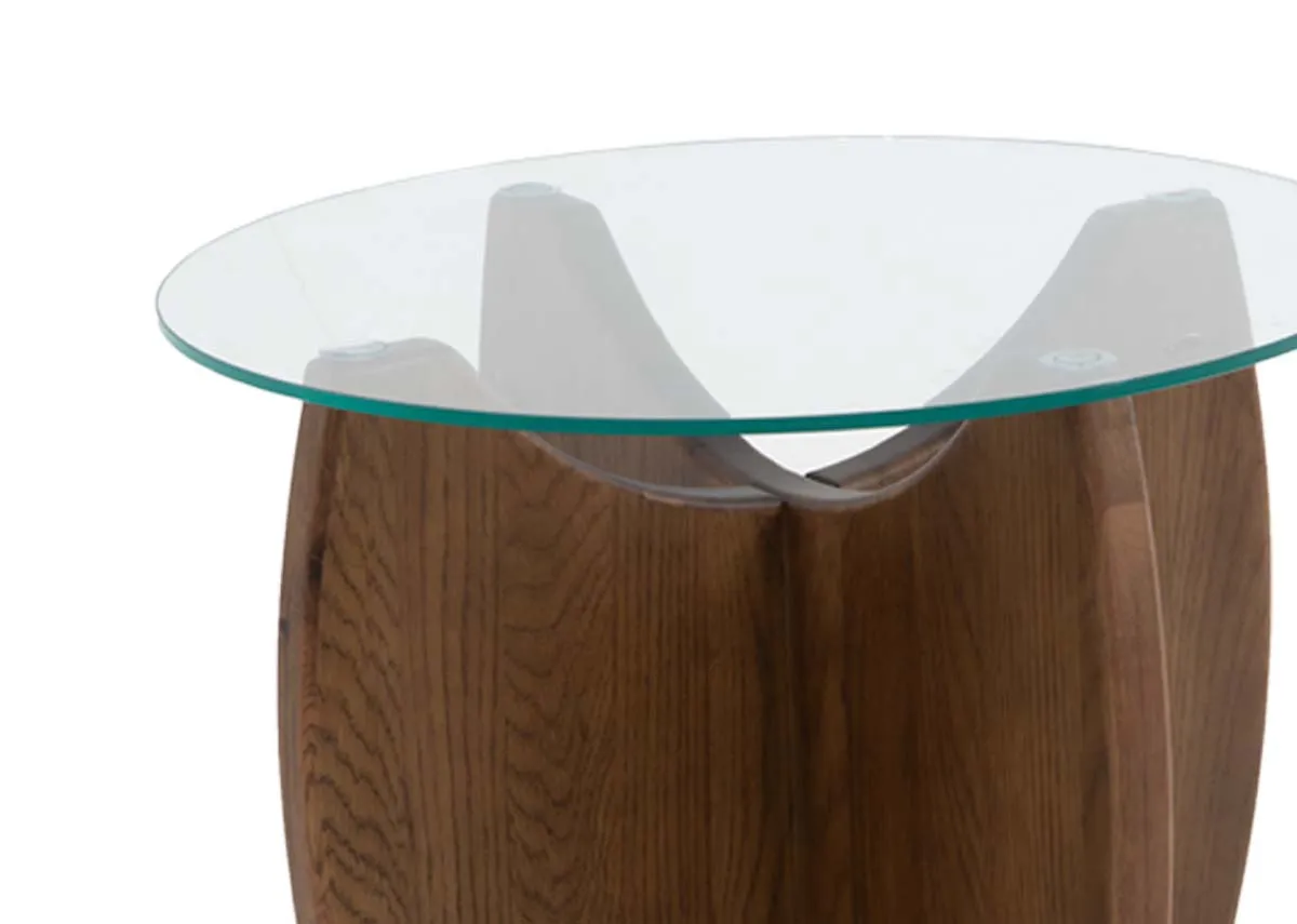 A round smoked oak lamp table with glass top from EZ Livings Atrium range. Closeup of tempered glass top