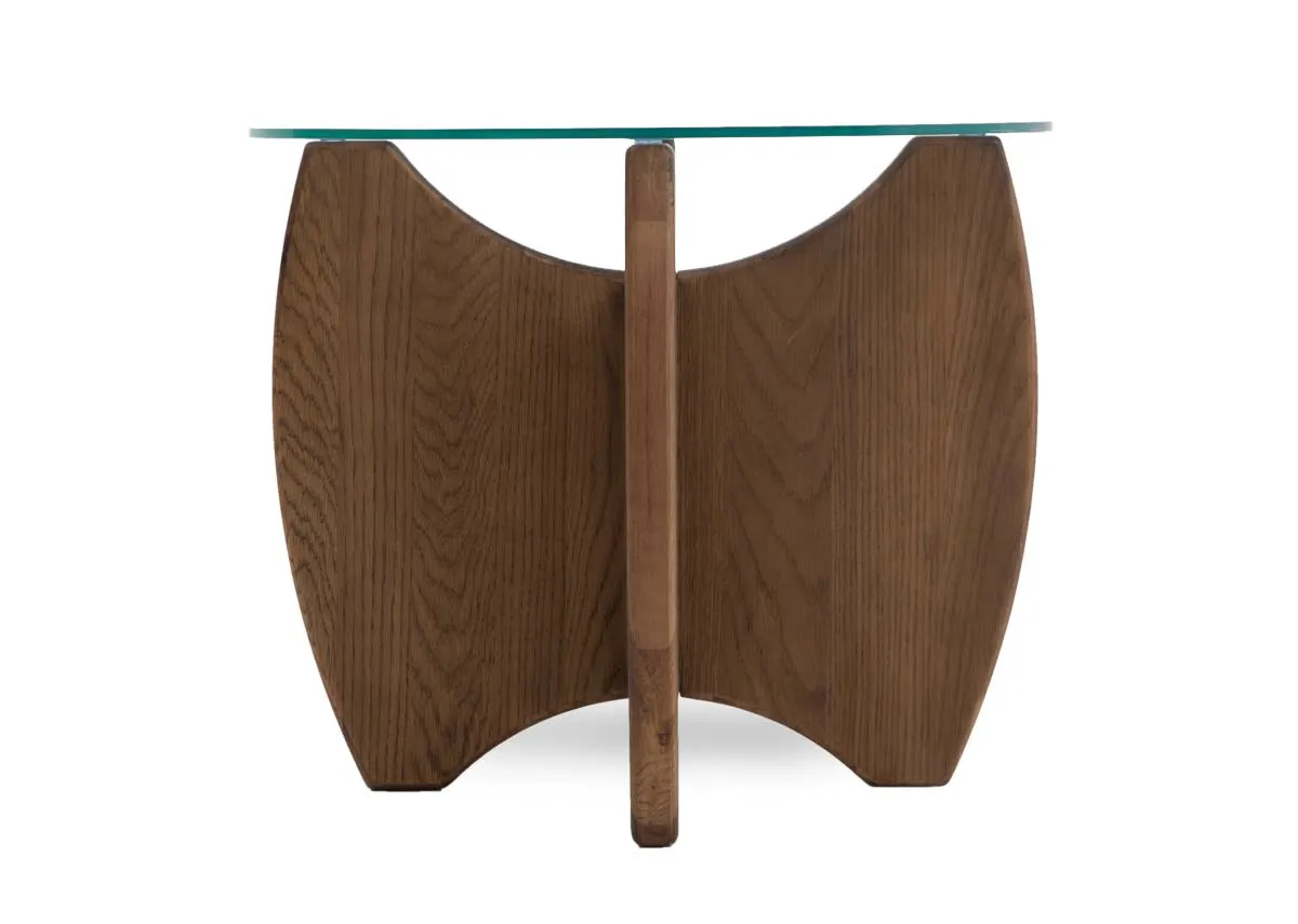 A round smoked oak lamp table with glass top from EZ Livings Atrium range. Closeup of butterfly wood base