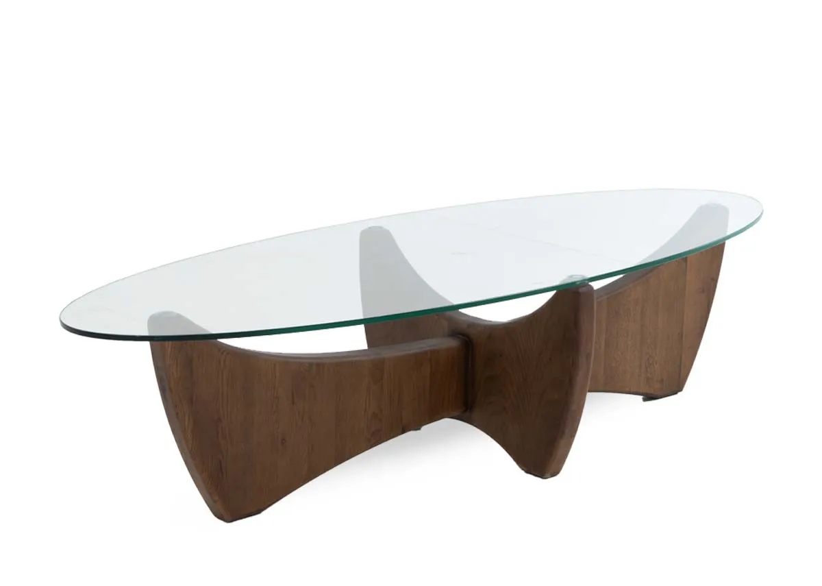 A smoked oak oval coffee table with glass top from EZ Livings Atrium range.