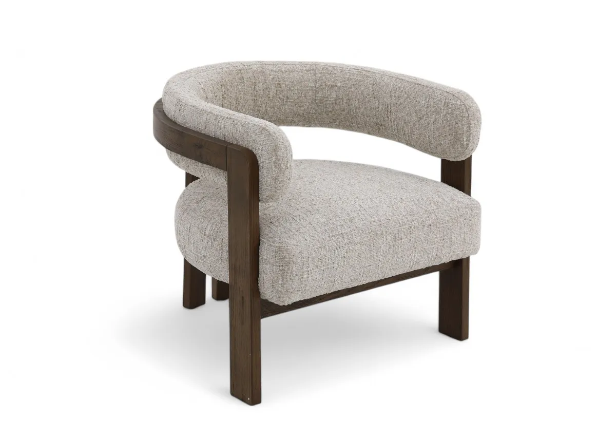 A curved rich oak accent chair with beige seat and backrest from EZ Livings Noma range. Angled view