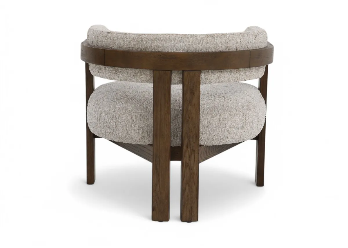 A curved rich oak accent chair with beige seat and backrest from EZ Livings Noma range. Back view of wishbone frame