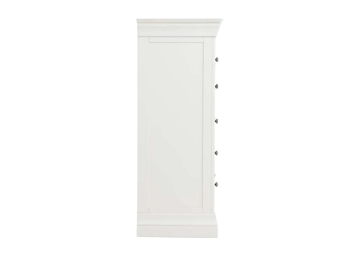 A white chest of 7 drawers from EZ Livings Dove range.Closeup of large drawer open showing space