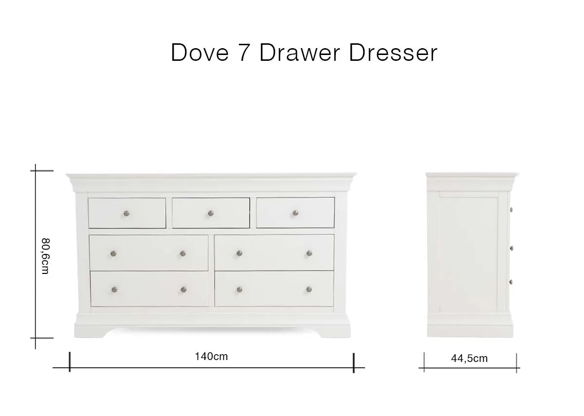 A dimension image of the Dove Dresser with 140cm x 80cm x 44cm