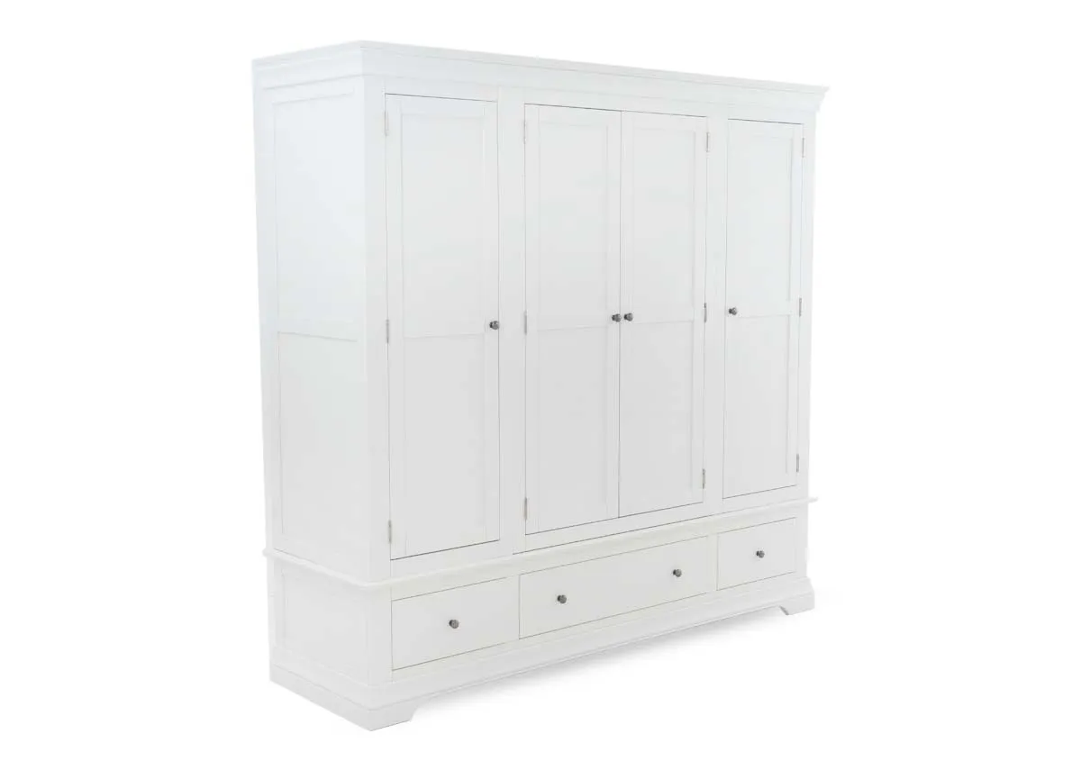 A 4 door wardrobe in white from EZ Livings Dove range. Angled view of 4 doors and 3 drawers