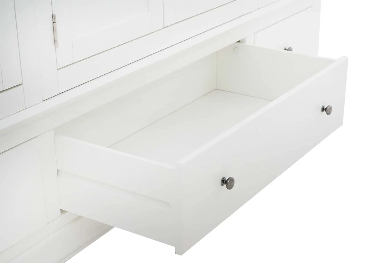 A 4 door wardrobe in white from EZ Livings Dove range. Closeup detail of silver drawer handles