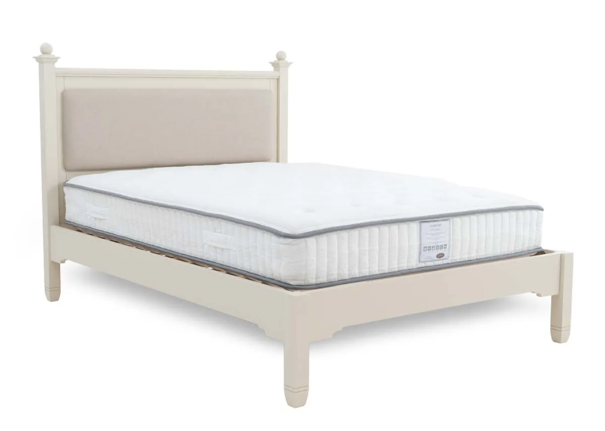 A 5ft cream bedframe from EZ Livings Dawn range. Angled view of bed with mattress not included.