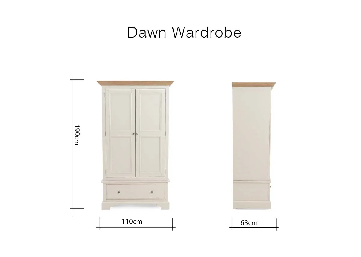A dimension image of the Dawn Wardrobe with 110cm x 63cm x 190cm