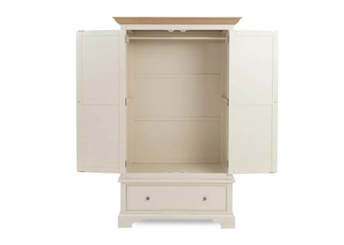 A 2 door cream wardrobe from EZ Livings Dawn range. Front view of open doors