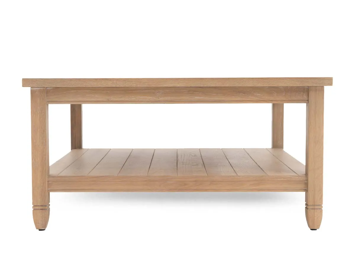 A square oak coffee table with chunky top and lower shelf from EZ Livings Dawn range. Closeup of lower slatted shelf