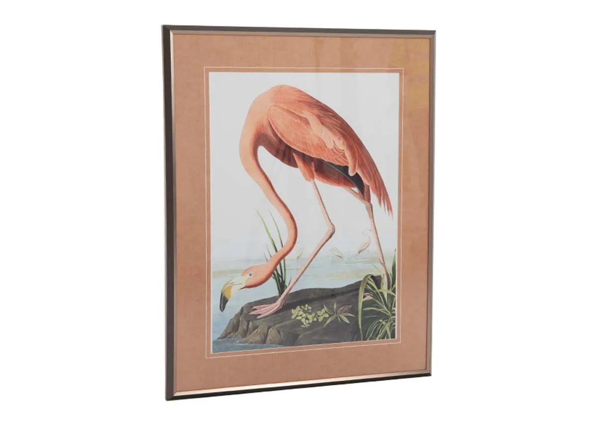 A pink framed print of a vintage flamingo by the water from EZ Livings Flamingo range.Back view of wood backing