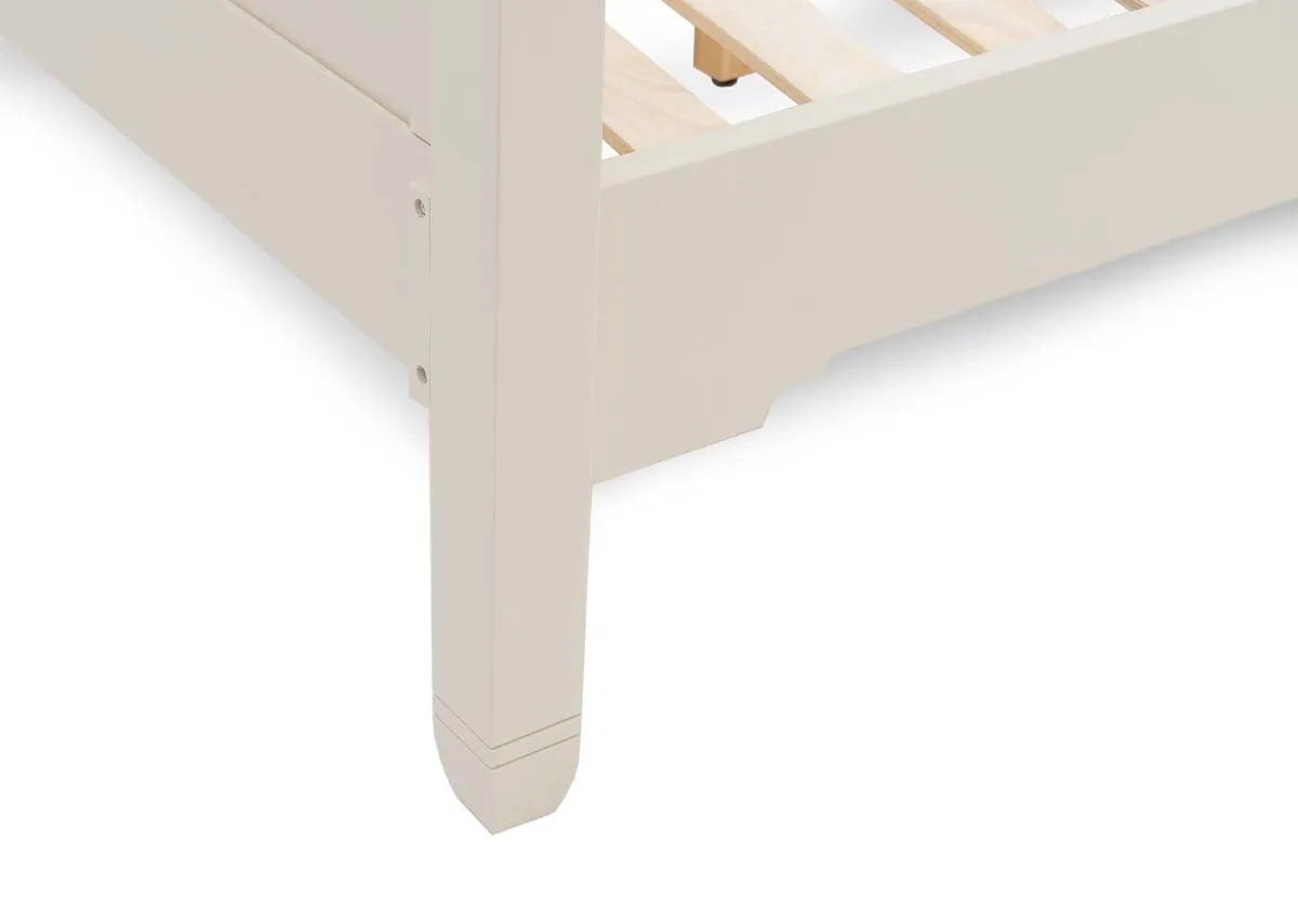 A 4ft cream bedframe from EZ Livings Dawn range. Closeup of tapered leg
