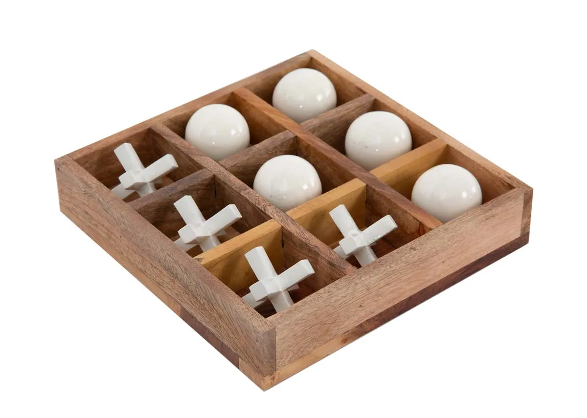 A natural wood box with white tik tac toe ornaments inserts from EZ Livings Home Decor range.