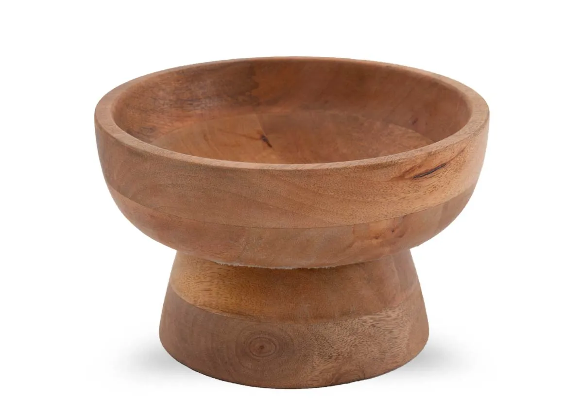A wooden decorative bowl on a stand from EZ Livings Aurelia range. Front view