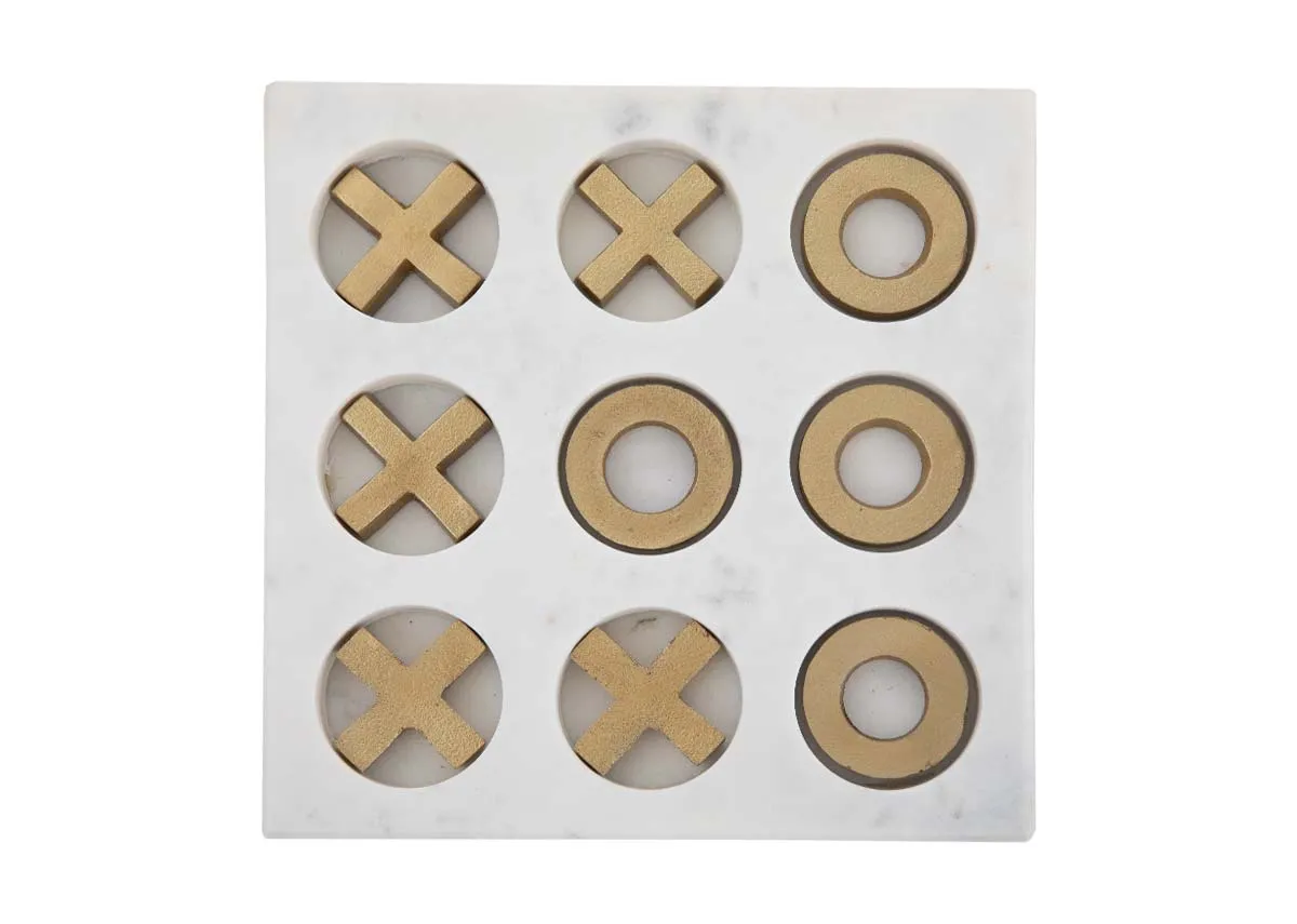 A white marble tik tac toe ornament with gold inserts from EZ Livings Home Decor range. Front view