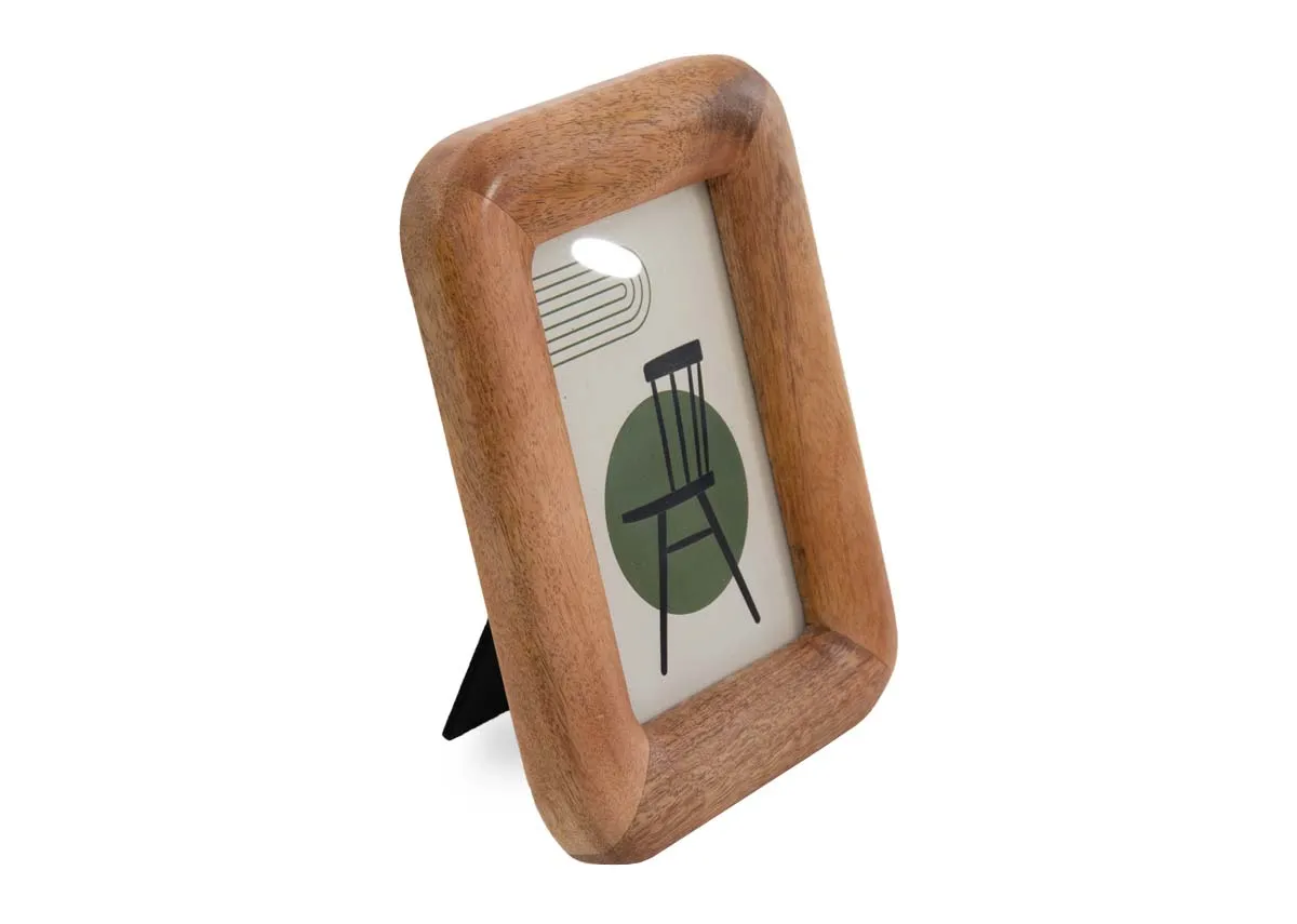 A natural wood photo frame with curved edges from EZ Livings Bowen range. Angled view