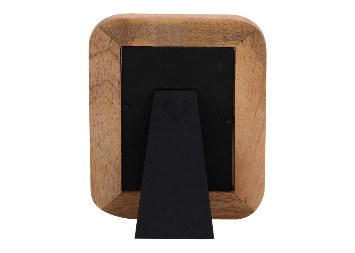 A natural wood photo frame with curved edges from EZ Livings Bowen range. Back view of black stand