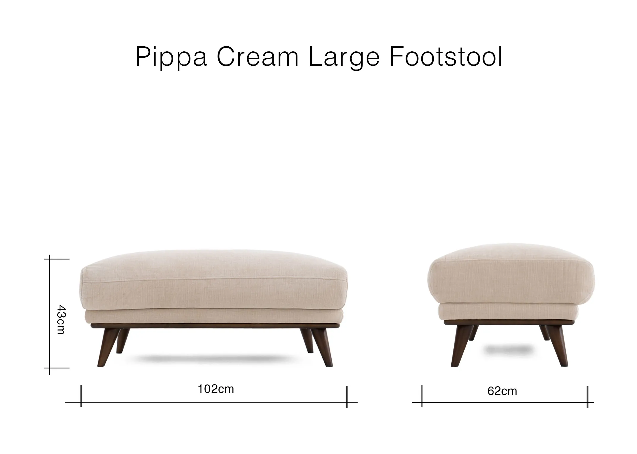 A dimension image of the Pippa Footstool with 102cm x 62cm x 43cm