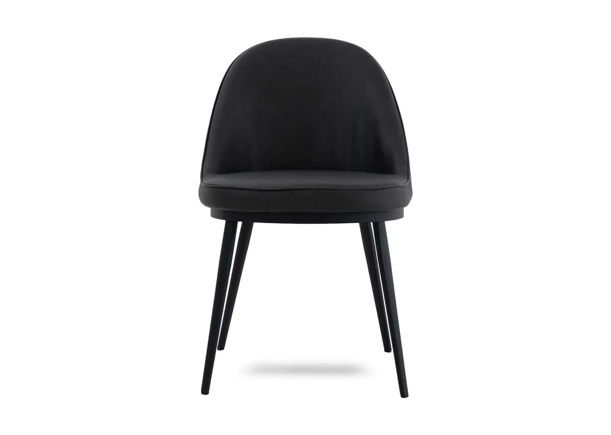 A dark grey dining chair from EZ Livings Gain range. Front view of padded seat