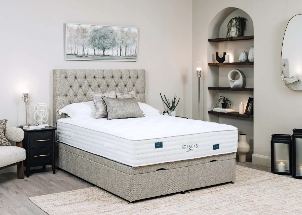 A lifestyle image of the All Seasons mattress with palermo bed and headboard
