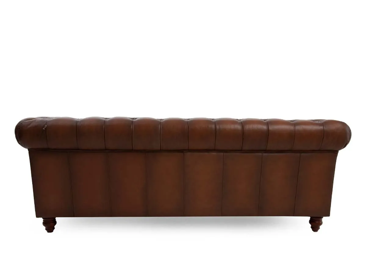 A 3.5 seater roll back brown leather sofa from EZ Livings Adare range. Back view