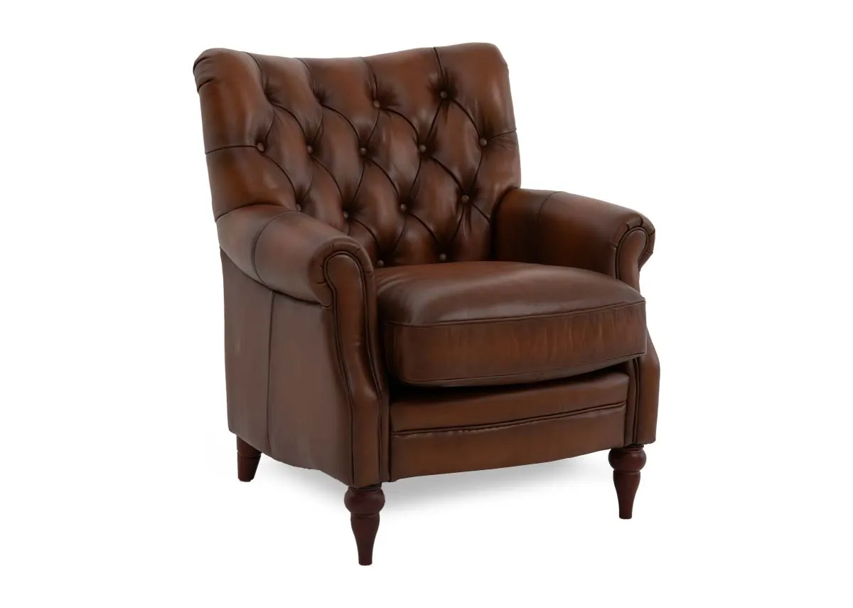 A brown leather accent chair from EZ Livings Hudson range.Angled view of thick feather filled seat cushions