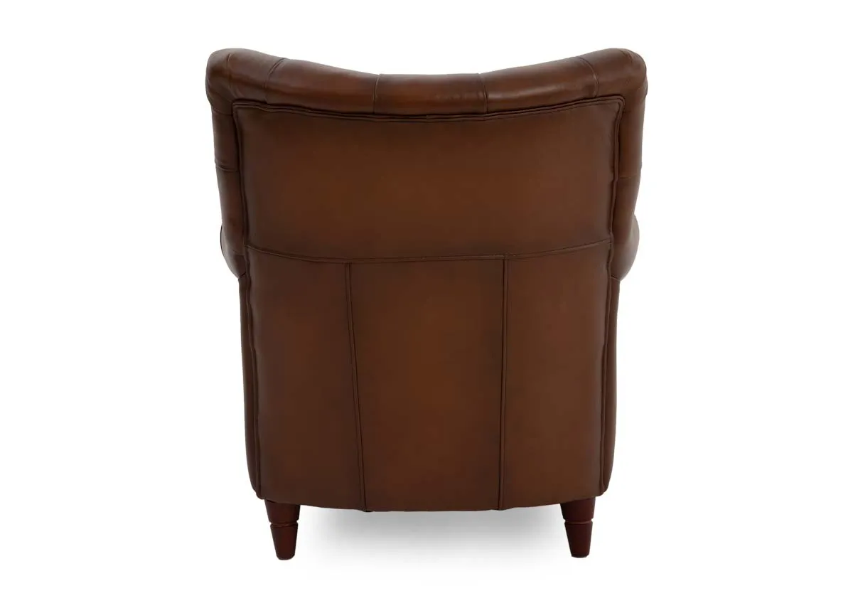A brown leather accent chair from EZ Livings Hudson range.Back view of curved frame