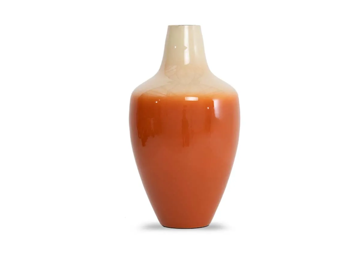 A small vase with orange base and cream top from EZ Livings Velho range. Front view.