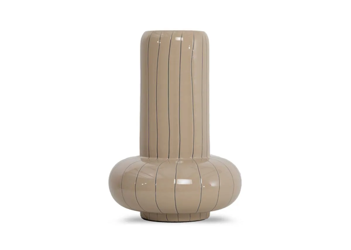 A glossy beige vase with ring base from EZ Livings Asano range. Front view of gloss finish with deliberate black cracks.