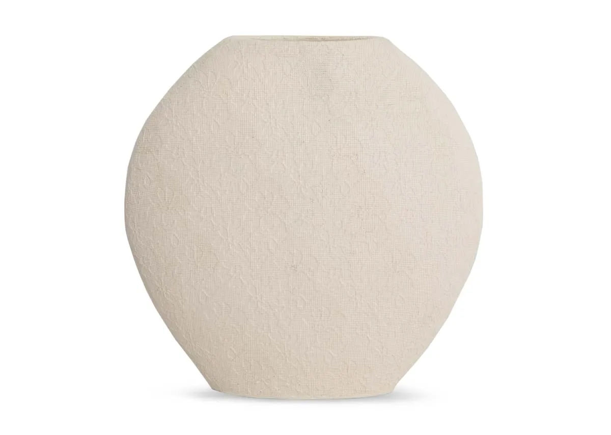 a wide round cream vase from EZ Living Furnitures Renda range. Front view of textured finish.